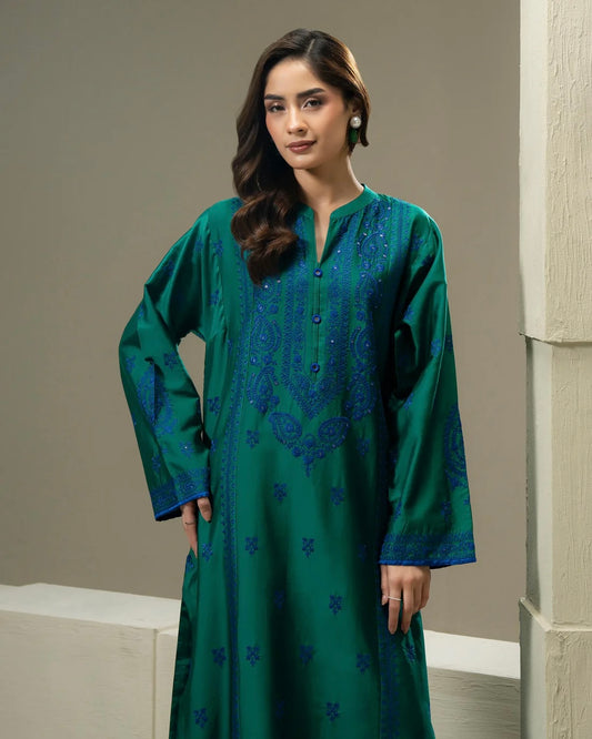 Cotton satin embroidered suit- Limelight