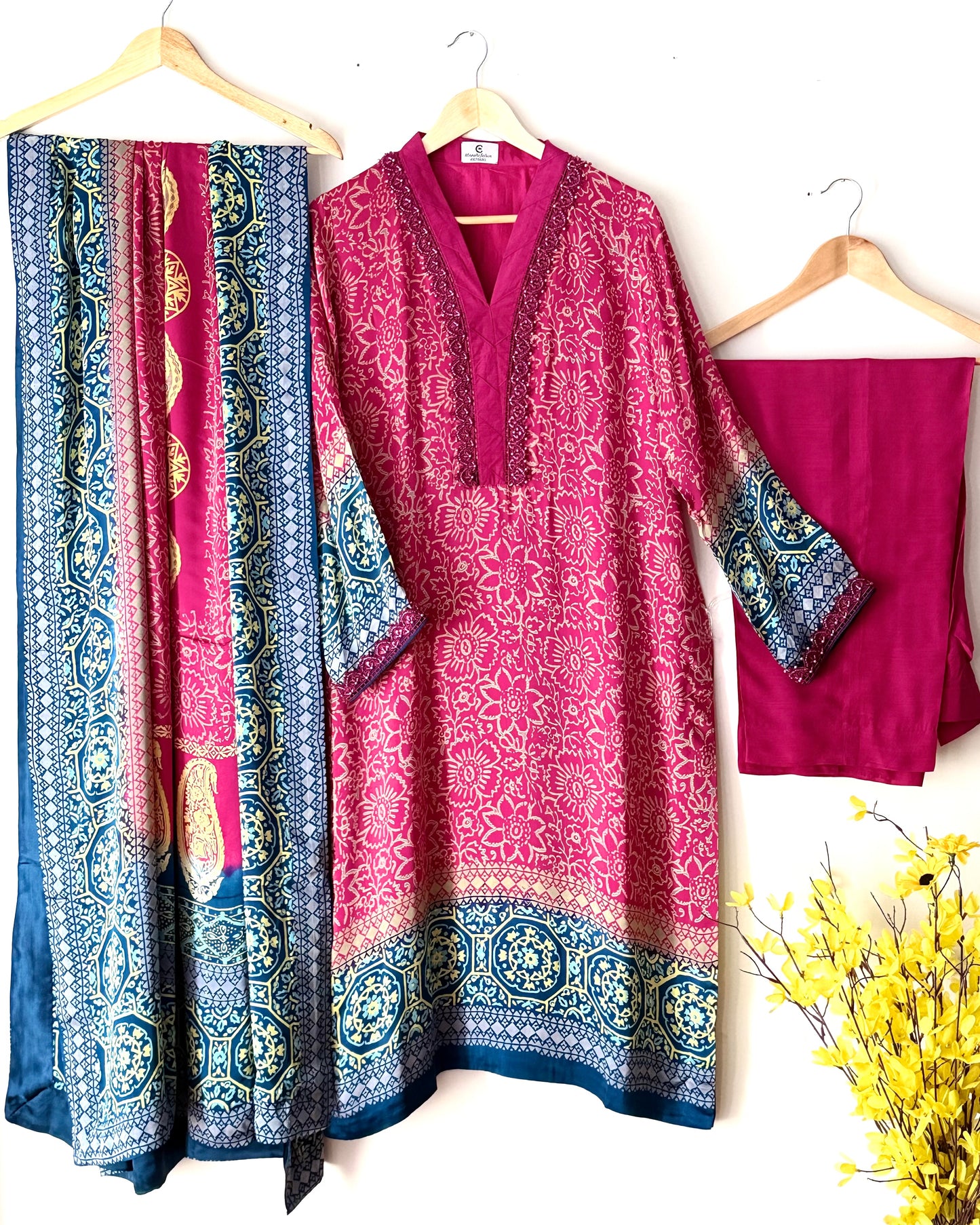 Noor -e- silk(G) Block printed Korean shamoze