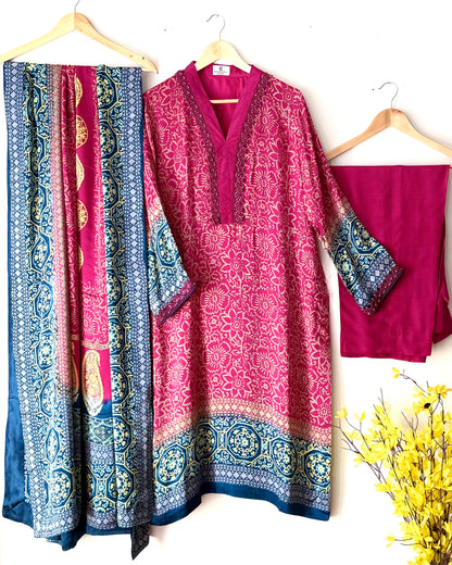 Noor -e- silk(G) Block printed Korean shamoze