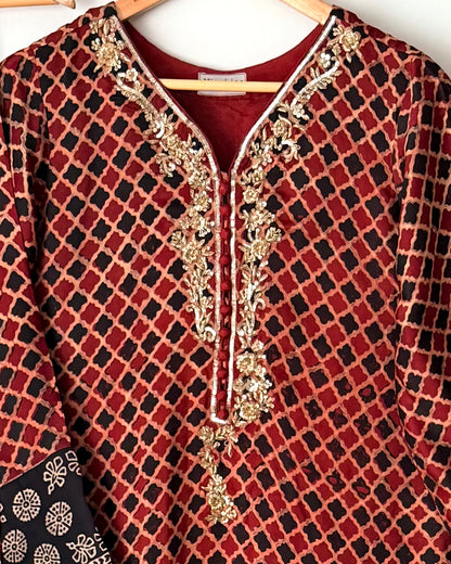 Silk ajrak print suit
