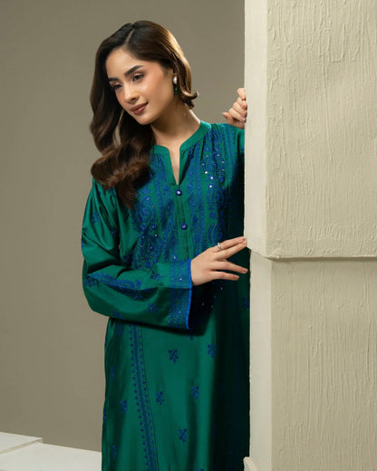 Cotton satin embroidered suit- Limelight