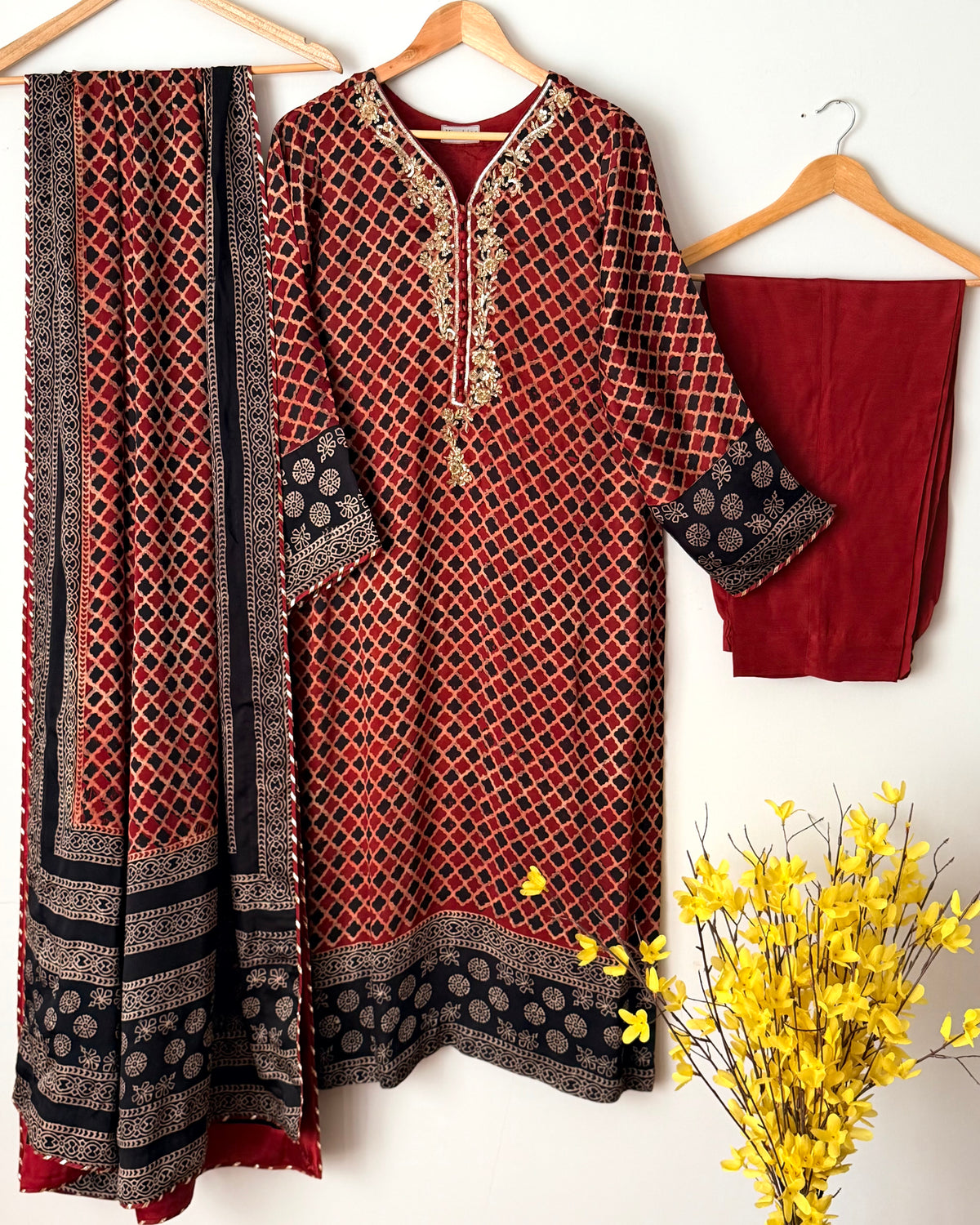Silk ajrak print suit