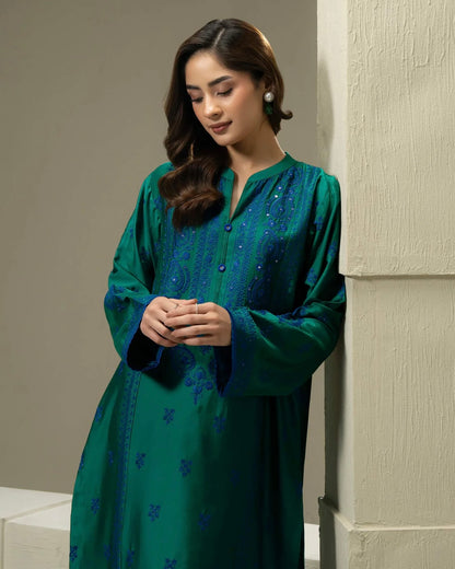 Cotton satin embroidered suit- Limelight