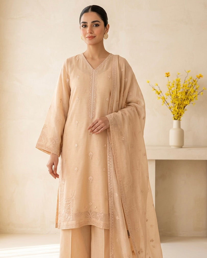 Embroidered cotton net   - Agha noor