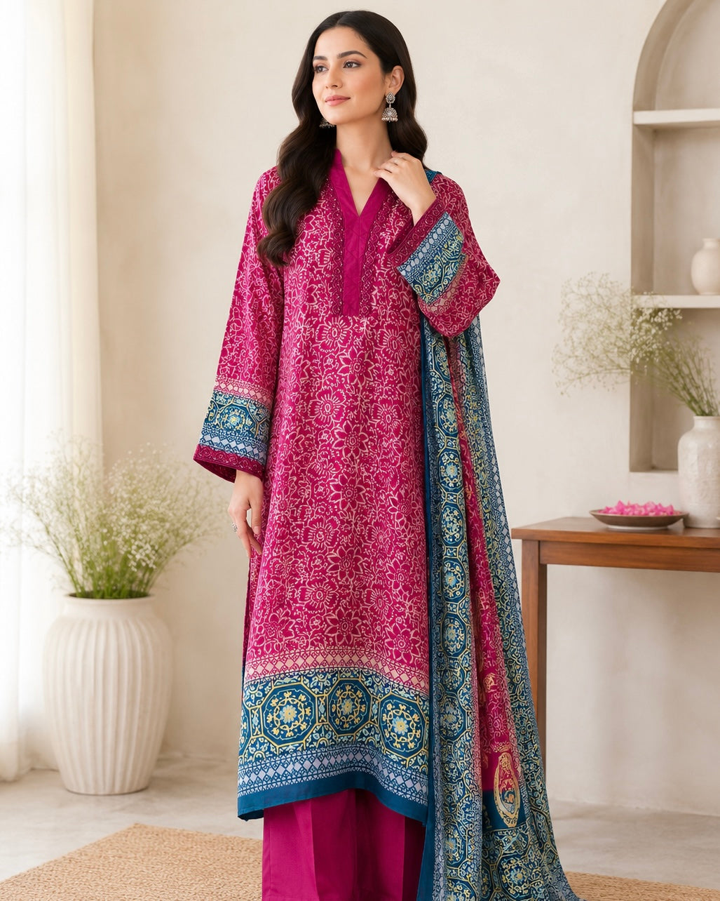 Noor -e- silk(G) Block printed Korean shamoze